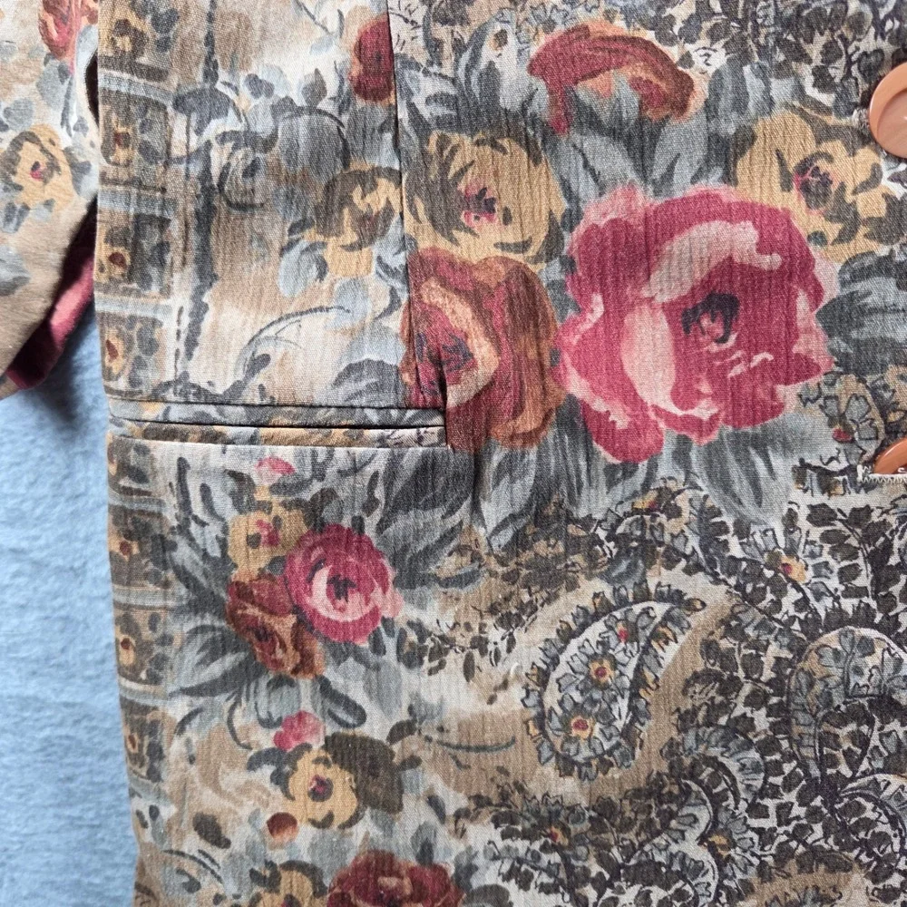 Worthington Blazer Women Large Tan Floral Paisley Vintage Tapestry Button Front